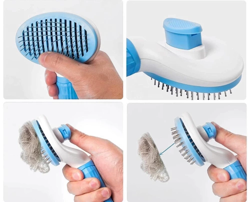 PSC-195-AZUL | Escova para escovar pelos de cães e gatos | Escova autolimpante para cuidar de animais de estimação