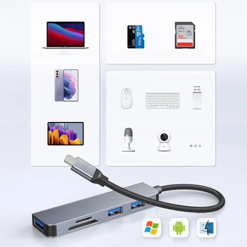 HUB | Splitter USB-C pentru carduri 3x USB + SD + TF | adaptor, splitter tip C 5in1