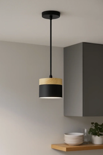 Pendellampe med træelement | minimalistisk skandinavisk loftlampe med E27 fatning til stue, soveværelse | sort | YG-XD003-BK