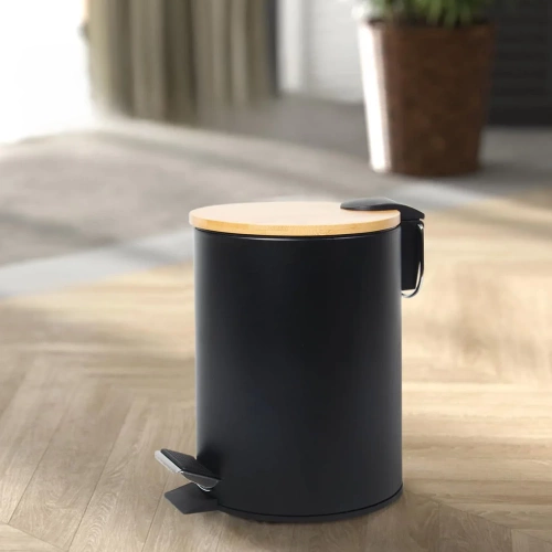 GY-TB3L | Bathroom waste bin | round, bamboo cover, pedal | 3 liters, black
