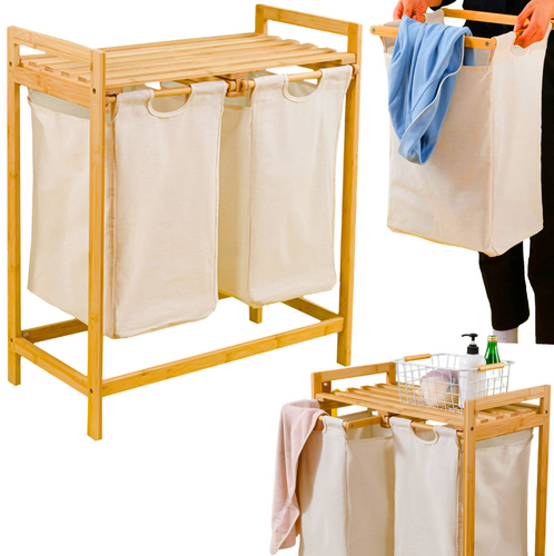 NZ-2BS-Bambou | Panier à linge double avec armoire | Bambou