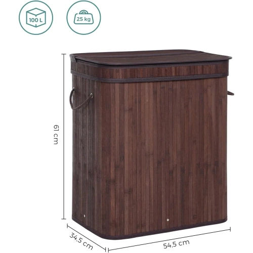 RYL-100L-DABR | Panier à linge marron | Conteneur de jouets en bambou | Panier à vêtements en bois | Panier à linge à deux compartiments pour la salle de bain