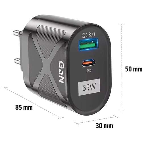 BK-389-GAN | Încărcător rapid de perete de 65 W cu porturi USB și PD 3.0 (USB-C).