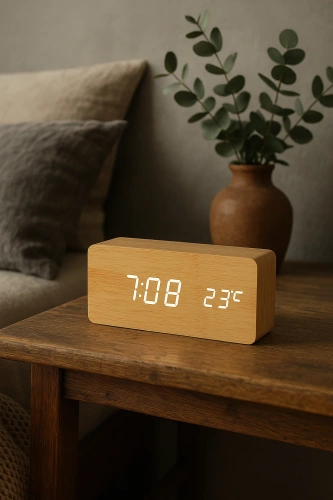Orologio digitale in legno con display LED e termometro | Sveglia con 3 allarmi | SXM-016