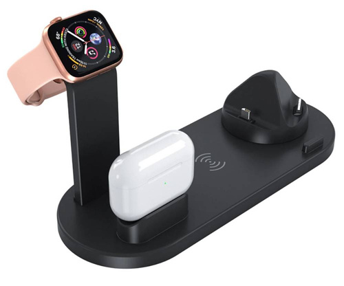WD-02 | Docking station QI per Apple iPhone Airpods Watch | caricabatterie wireless 15W | 3 connettori: USB-C/Lightning/Micro USB
