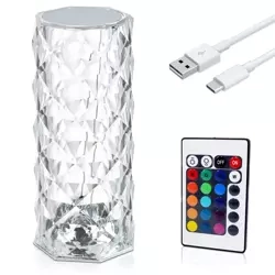 RPL-C16-RGB | Crystal LED table lamp | rose pattern | 16 RGB colors, touch panel, remote control, USB-C cable, 2000mah battery