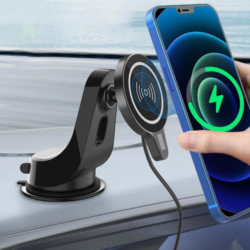 WH-10D | Magnetic car holder with inductive charger | Qi, MagSafe, 15W | onto the windshield or dashboard