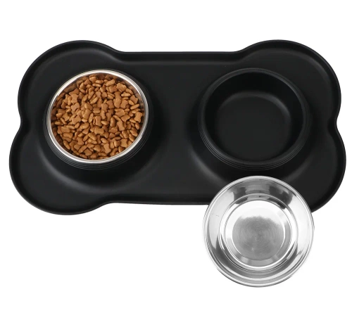 SBL-292-NEGRU | Bol dublu pentru animale de companie | Bol cu tampon anti-alunecare din silicon | Set două boluri metalice
