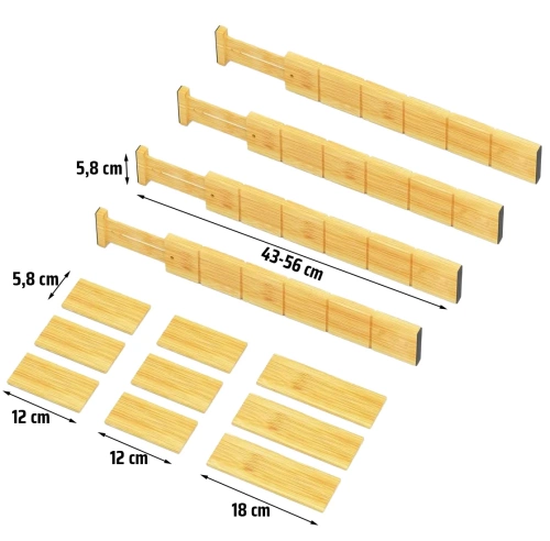 Organizzatore per cassetti per mobili | Separatore per cassetti regolabile | Separatore in bambù con 9 divisori | Modello KBT-W566