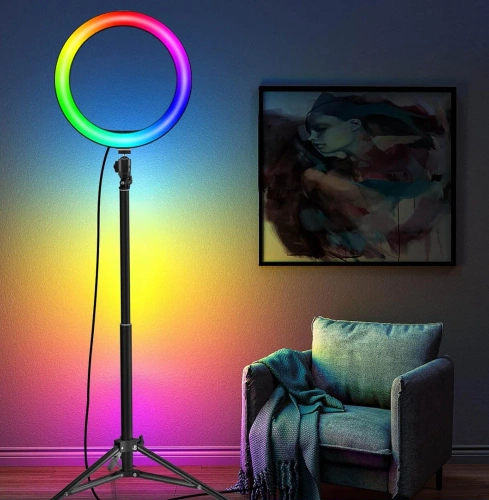 RGB žiedinė lempa su stovu 26 cm | trikojis 210 cm | nuotolinio valdymo pultas | makiažui ir vaizdo įrašams | SENY-RGB-26CM
