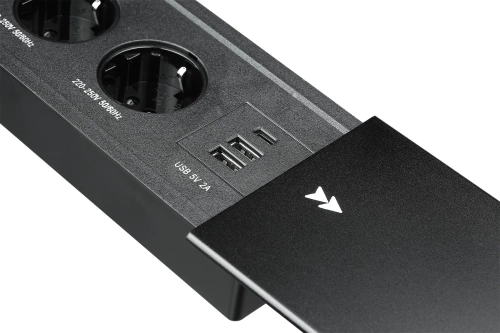 Süllyeszthető asztali aljzat tolófedéllel | dupla hálózati csatlakozó USB PD töltővel | fekete | JX-S328-BLACK