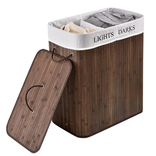 ZYL-100L-DABR | Panier à linge marron | Conteneur de jouets en bambou | Panier à vêtements en bois | Panier à linge à deux compartiments pour la salle de bain
