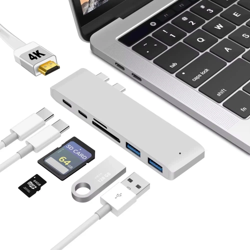 HUB | USB-C - 2x USB-A + 2x USB-C + SD + TF + HDMI kártyák | adapter, osztó típus C 7in1