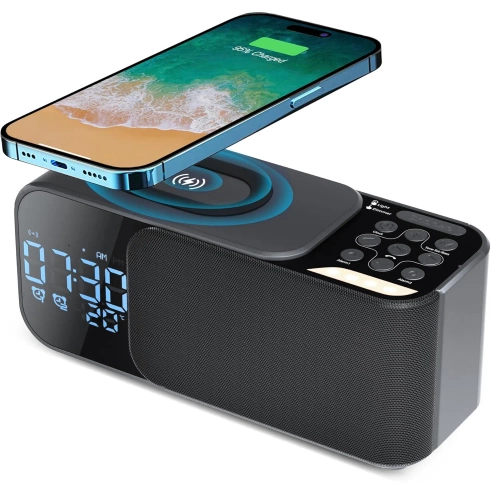 WD-500-BK | Radio FM con despertador y cargador inalámbrico | Reloj despertador multifuncional con Bluetooth