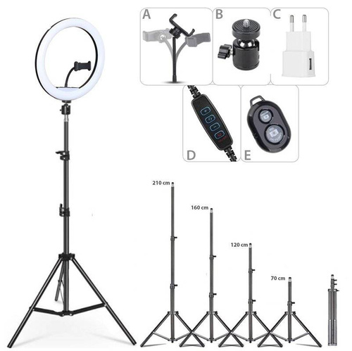 LED-Ringlicht 4in1 | 260 mm | höhenverstellbares Stativ 210 cm | Netzladegerät WA-001 | Bluetooth-Fernbedienung iOS / Android | SENY 260T