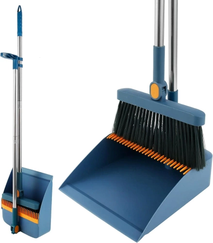Conjunto de limpeza com vassoura e pá de lixo com cabo longo | Vassoura com cabeça giratória e pá de lixo dobrável | FBS-2 em 1 - Azul