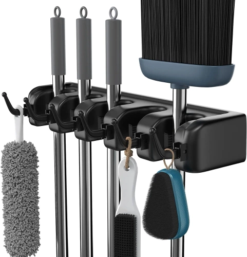 Holder for mops, rakes and brushes with hooks | 5 places + hooks | SL-005H