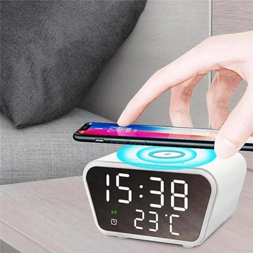 Reloj despertador inteligente con cargador inalámbrico Qi de 15 W | Despertador con tres alarmas | Reloj con pantalla de temperatura | SZ01-15W-W