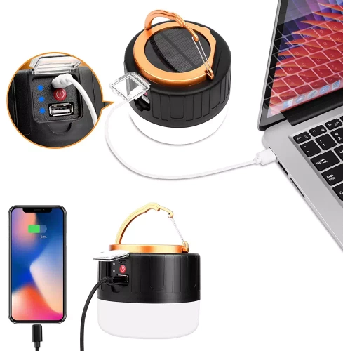 HWL-004 | Solcelle LED campinglampe, turist lommelygte med powerbank funktion | 5 lystilstande, SOS, 2400mAh, op til 10 timers drift