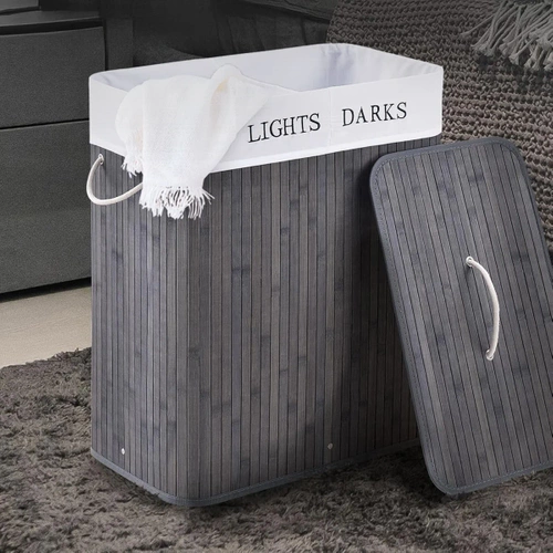 ZYL-100L-GRIS | Panier à linge gris | Conteneur de jouets en bambou | Panier à vêtements en bois | Panier à linge à deux compartiments pour la salle de bain