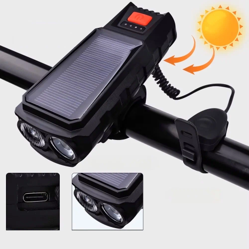 Luz solar para bicicleta con bocina 130 dB | Iluminación LED 400 lm | Luz de bicicleta impermeable | QX-LY-17-2