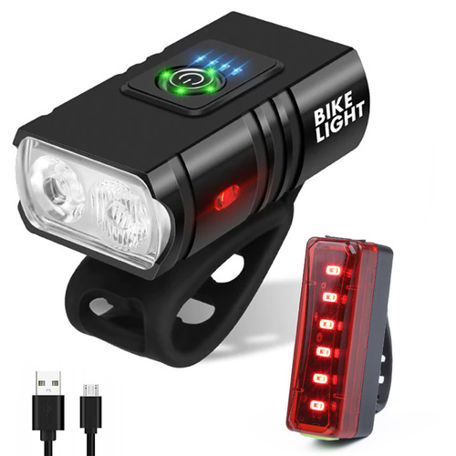 Set LED-fietsverlichting voor voor- en achterop de fiets | 2 XM-L T6 CREE LED&#39;s, 1000 lm, 6 verlichtingsmodi, 1200 mAh | 6 diodes, 4 verlichtingsmodi, 300lm