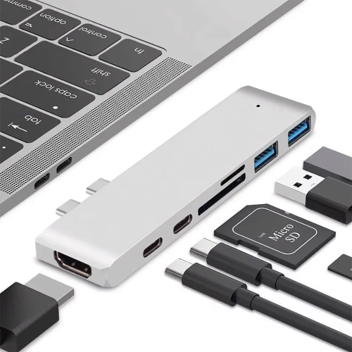 ХЪБ | USB-C към 2x USB-A + 2x USB-C + SD + TF + HDMI карти | адаптер, сплитер тип С 7в1