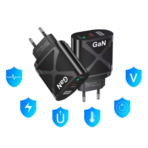 BK-389-GAN | Încărcător rapid de perete de 65 W cu porturi USB și PD 3.0 (USB-C).