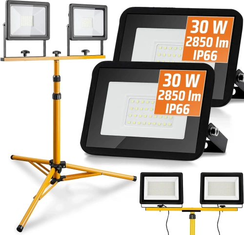 Arbeitsstativ 1,6M für Scheinwerfer | Beleuchtungsset mit 2 Halogenlampen 30W mit Stativ | FLT-1.6M