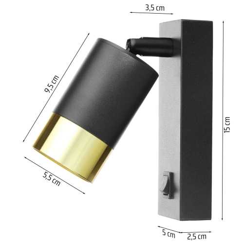 BD-C278-B+G | Lampada da parete nera | Lampada da parete con riflettore mobile | Riflettore con filettatura GU10 | Lampada da notte con interruttore