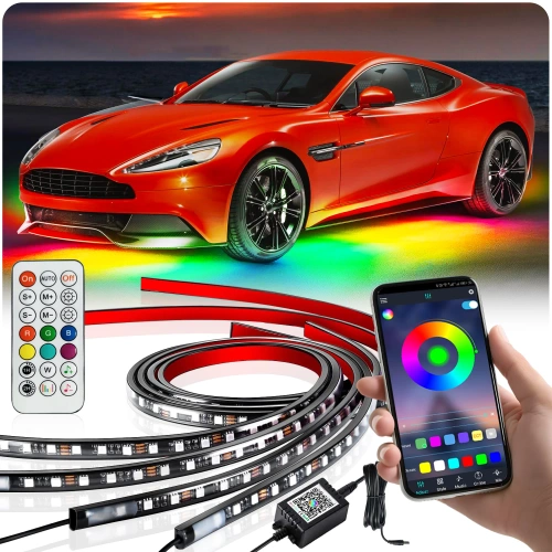 Iluminación LED debajo de la carrocería | Cintas RGB flexibles | Conectividad Bluetooth con la aplicación del teléfono | Longitud de la correa: 90 cm x 2 y 120 cm x 2