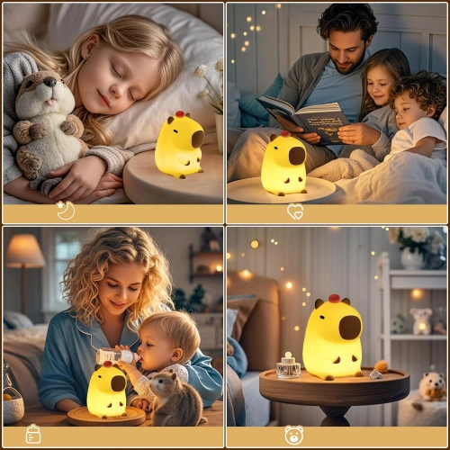 Siliconen LED-nachtlampje Capybara | Draagbare kinderlamp met 8 lichtstanden en timer | Nachtlampje met warm licht van 3000K | DS-CPBR-01