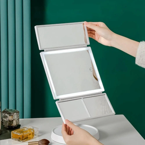 Folding makeup mirror with LED lighting and 2X 3X magnification | white | XR-3300-WHITE