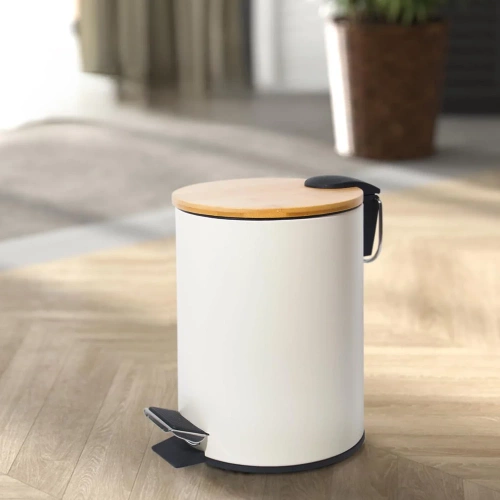 GY-TB3L | Kúpeľňový odpadkový kôš | okrúhly, bambusový kryt, pedál | 3 litre, biela