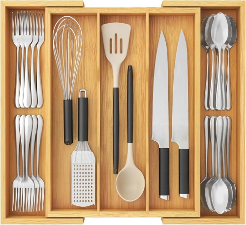 Cutlery Organizer | Bamboo, Adjustable XL Insert for Drawer with 5 Compartments | KBT-G513