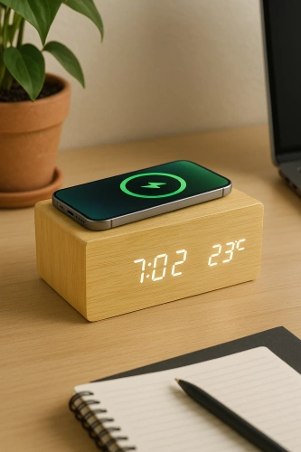 Reloj digital de madera con pantalla LED y cargador inalámbrico 10 W | despertador con 3 alarmas y termómetro | SXM-017