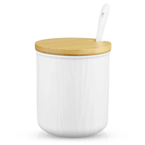 XM07-85-WHITE | Porcelain sugar bowl with spoon | Sugar container with bamboo lid