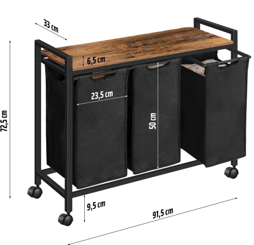 MZ-B30-BLACK | Szennyes kosár polccal | Háromrekeszes szennyeskosár | Kerekes szennyeskosár