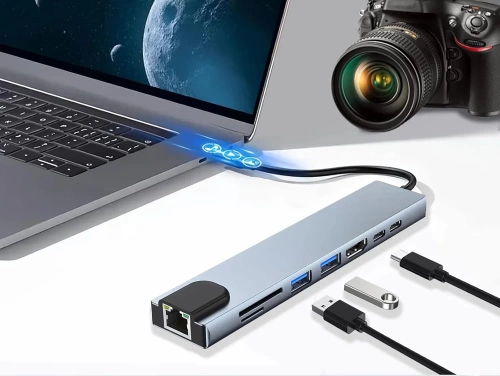 CENTRO | USB-C a 2x USB-A + 2x USB-C + tarjeta SD + TF + HDMI + divisor LAN | Adaptador, divisor tipo C 8 en 1