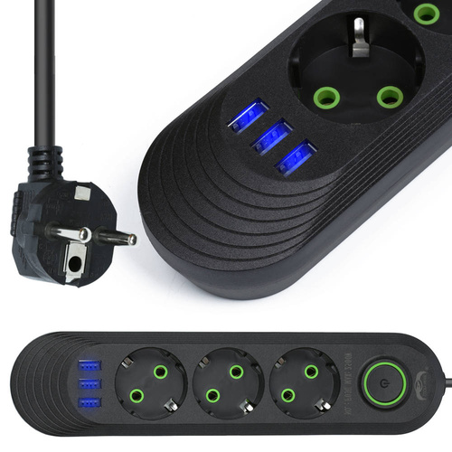 LH-F03U | Power strip 2 m | 3 sockets + 3x USB | black