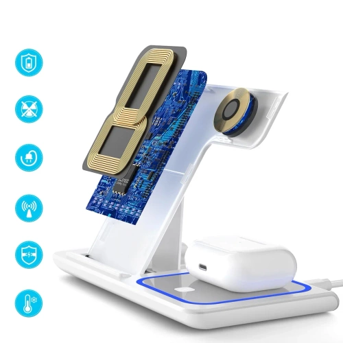 Modello: MD-DK15-15W-W | Caricabatterie wireless pieghevole | Stazione di aggancio per iPhone. Apple Watch e AirPods