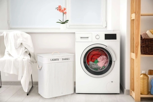 ZYL-100L-WIT | Witte wasmand | Bamboe speelgoedcontainer | Houten kledingmand | Wasmand met twee vakken voor de badkamer