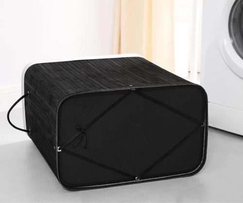 RYL-100L-NEGRU | Coș negru pentru rufe | Recipient de jucării din bambus | Coș de haine din lemn | Cos de rufe cu doua compartimente pentru baie