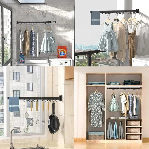 LYJ-T90-ZWART | Opvouwbare kleerhanger | Opvouwbare droger | Wandrail met haken