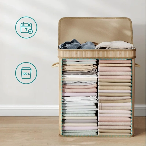 RYL-100L-LIBR | Panier à linge en bois naturel | Conteneur de jouets en bambou | Panier à vêtements en bois | Panier à linge à deux compartiments pour la salle de bain