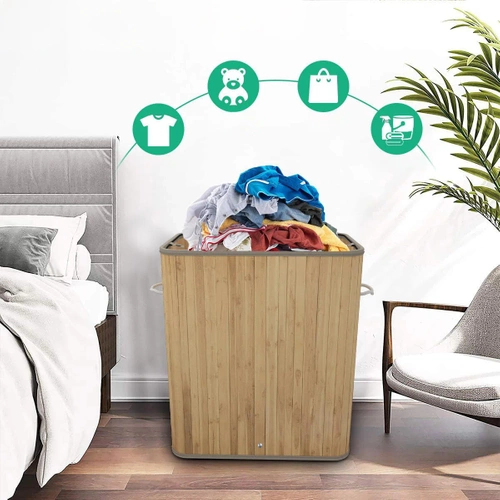 Wäschekorb | 100 l, zweiteilig, aus Bambus und Holz, auch als Spielzeugbox verwendbar | ZYL-100L-LIBR
