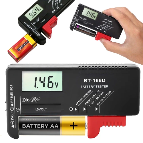 BT-168D-BLACK |Batteri tester | Digitalt voltmeter | Universal batteri og akkumulator tester | 