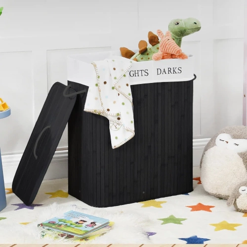 ZYL-100L-BLACK | Black laundry basket | Bamboo toy box | Wooden clothes basket | Two-compartment laundry basket for the bathroom