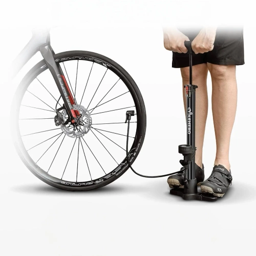 Pompe à vélo stationnaire avec manomètre et adaptateurs pour Presta, Schrader et Dunlop | Pompe à pied universelle | ZY-6138B