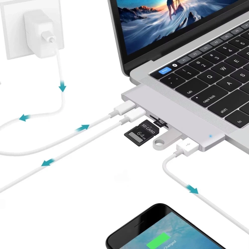 ХАБ | USB-C до 2x USB-A + 2x USB-C + SD + TF + карти HDMI | адаптер, розгалужувач типу С 7в1